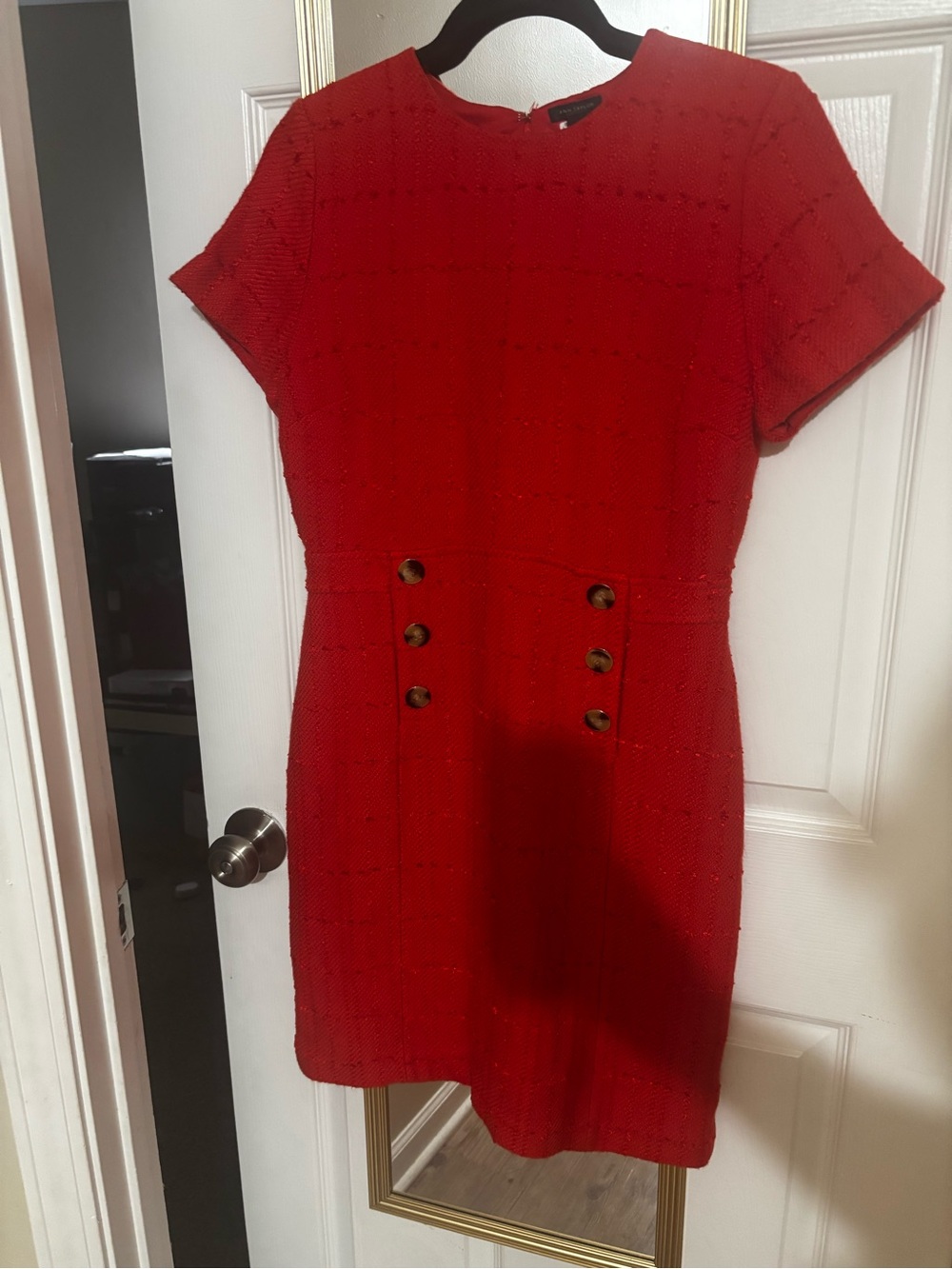 Ann Taylor Red Short-Sleeve Tweed Mini Dress with Button Detail